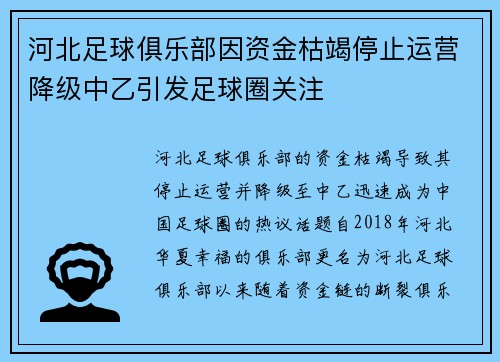 河北足球俱乐部因资金枯竭停止运营降级中乙引发足球圈关注