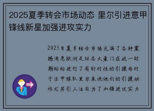 2025夏季转会市场动态 里尔引进意甲锋线新星加强进攻实力